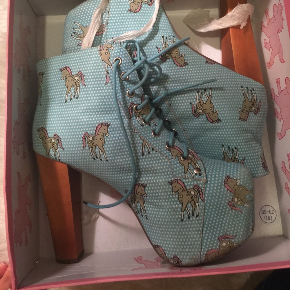 Jeffrey Campbell Teal and Wood Heeled Boots